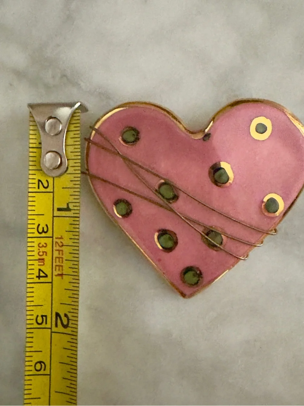 Whimsical Wire Wrapped Pink Heart Enamel Pin with gold trim and Green Dots